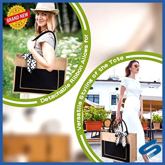 Large Jute Tote Bags with Handles Blank DIY Shopping Bags Bulk Set - Picture 5 of 7